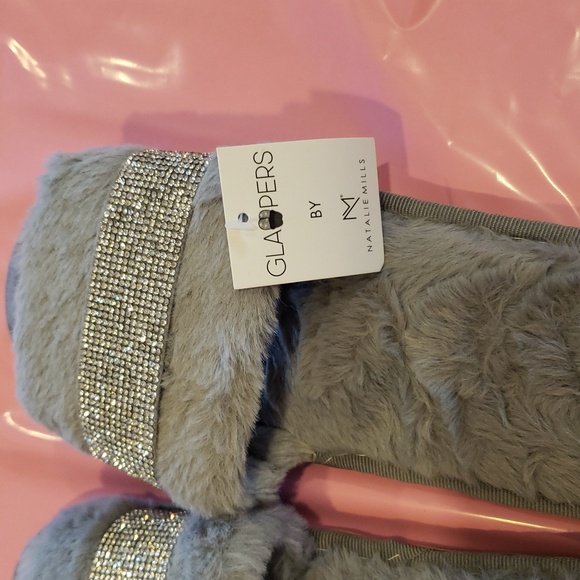 Gray Furry Slippers with Rhinestone Strap - Picture 3 of 3